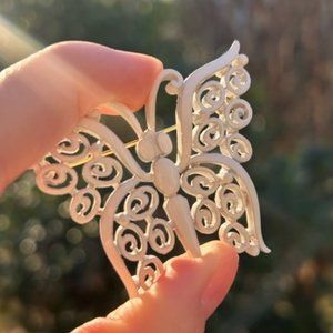 CROWN TRIFARI White Enamel Butterfly Filigree BROOCH